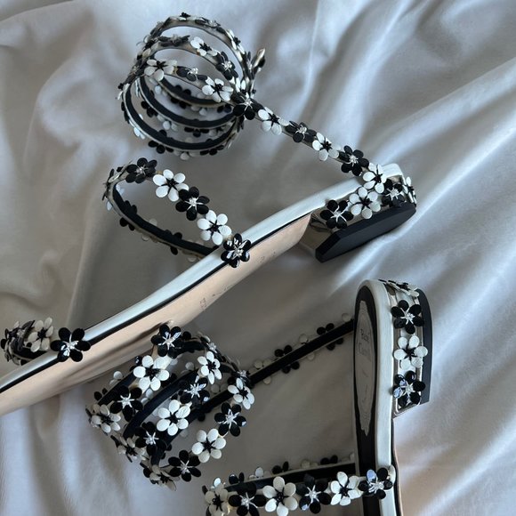 Rene Caovilla White Black Floral Strappy Flat Sandal Size EU38.5 US8.5 - Picture 10 of 16
